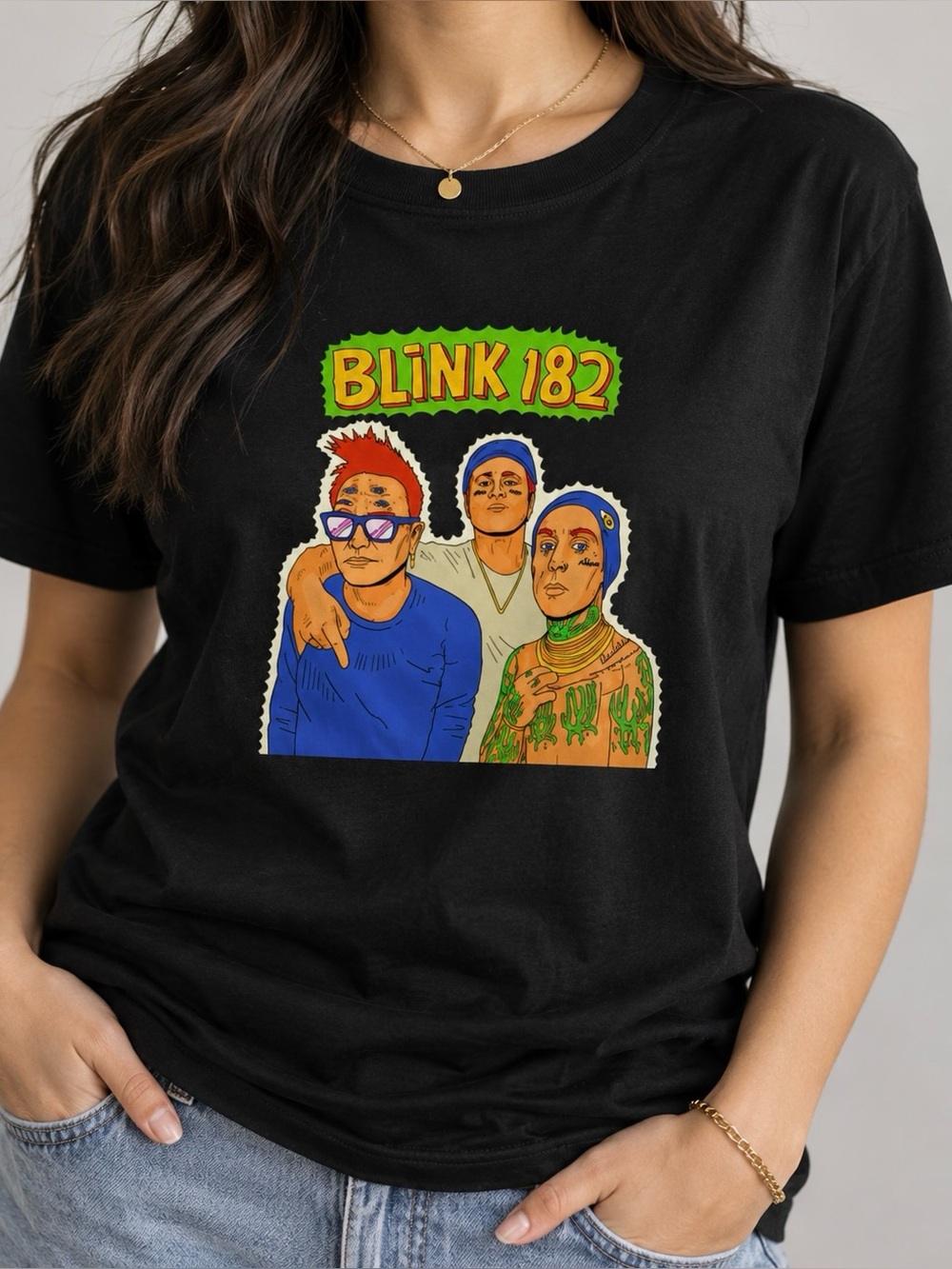 Blink 182 Pop Punk Band Cartoon Art Y2K Aesthetic Streetwear Womens Graphic Tee